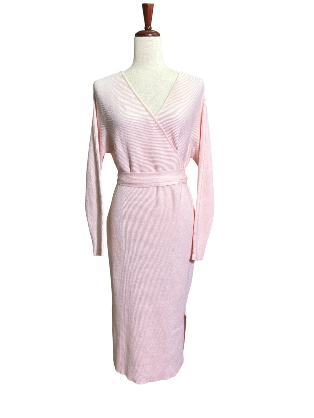 Blush Pink Viscose Balletcore Rib Knit Wrap Midi Dress Size Large